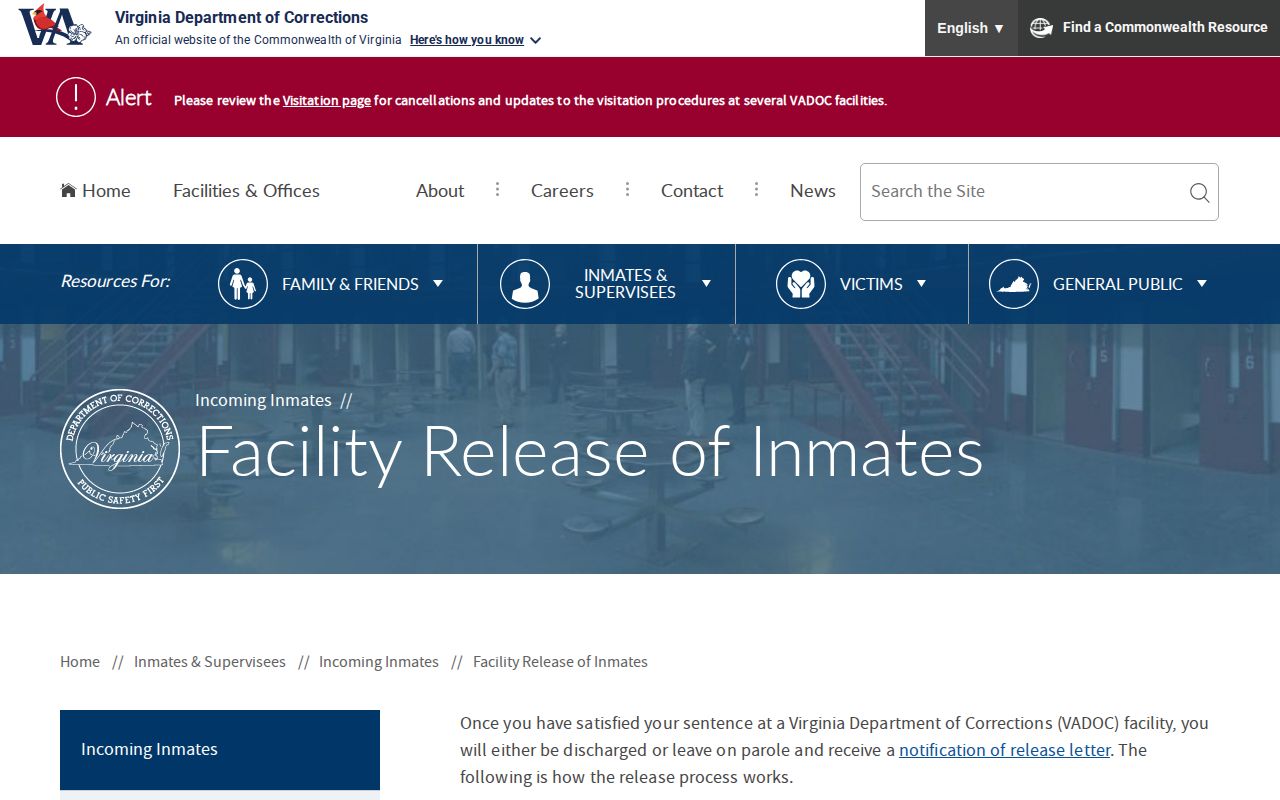 Virginia Department of Corrections facility release information for Madison County records