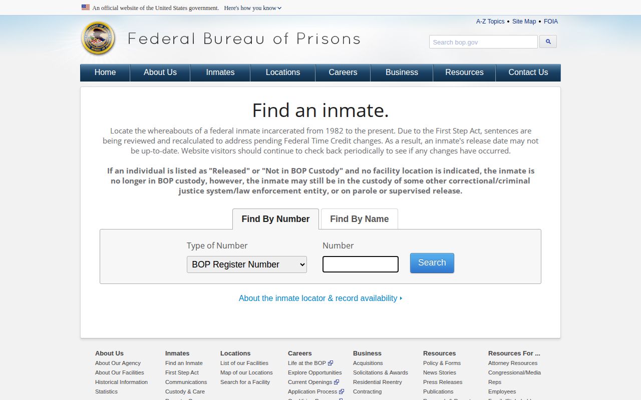 BOP locator for a federal Madison County release record